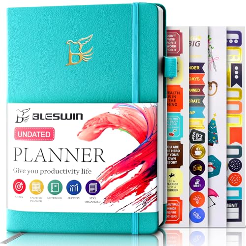 BLESWIN A5 Undated Planner, Undated Weekly Monthly Planner 5.7”x8.5”, Leather Weekly & Monthly Planner Undated, Organizer Planner for Work or Personal Use with Elastic Closure, Pen Loop, Stickers