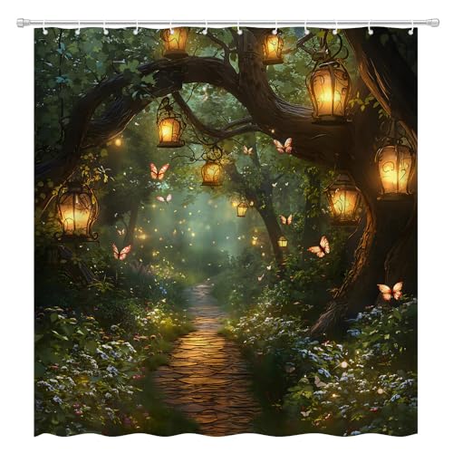Fantasy Forest Shower Curtain Fairytale Jungle Magical Enchanted Misty Wonderland Floral Tree Butterfly Lantern Nature Landscape Bath Curtain Fabric Bathroom Accessories Decor with Hooks 70X70