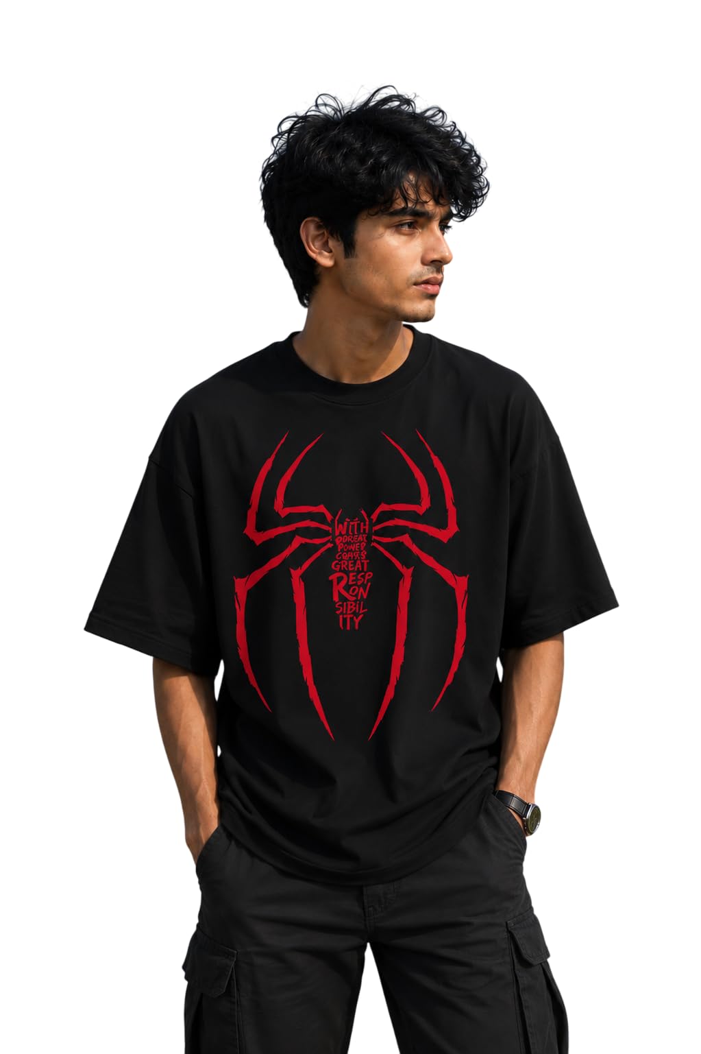 Spider Responsibility Oversized Graphic T-Shirt 180 GSM |100% Cotton |Unisex Style |Pre Shrunk |Lycra Ribbed Neck |Unisex Oversized Fit-image-6