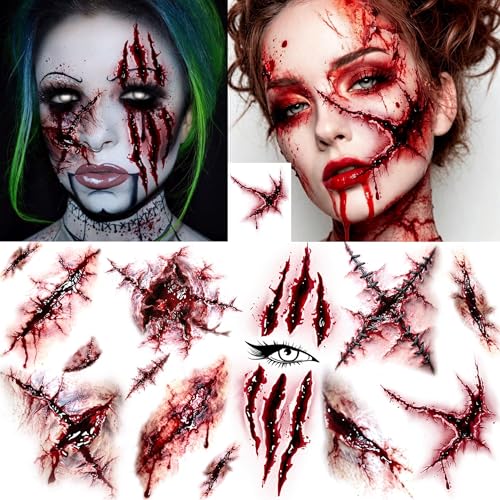 VANTATY 8 Sheets Scary Scratch Scar Tattoos Halloween Temporary Tattoos Face Sticker, Realistic Stitch Wound Injury Fake Scar Tattoos Halloween Costume Zombie Makeup Body Decals Rave Party Accessories