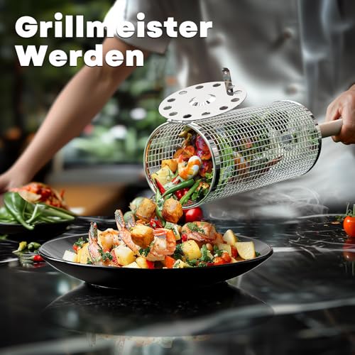 ivtivfu Nestbar Rollender Grillkorb, Abnehmbarer Holzgriff, Edelstahl 304, Outdoor Küche Grill Zubehör für Gemüse, Garten Camping Gadgets für Gasgrill, Geschenke Geburtstagsgeschenk für Männer Papa