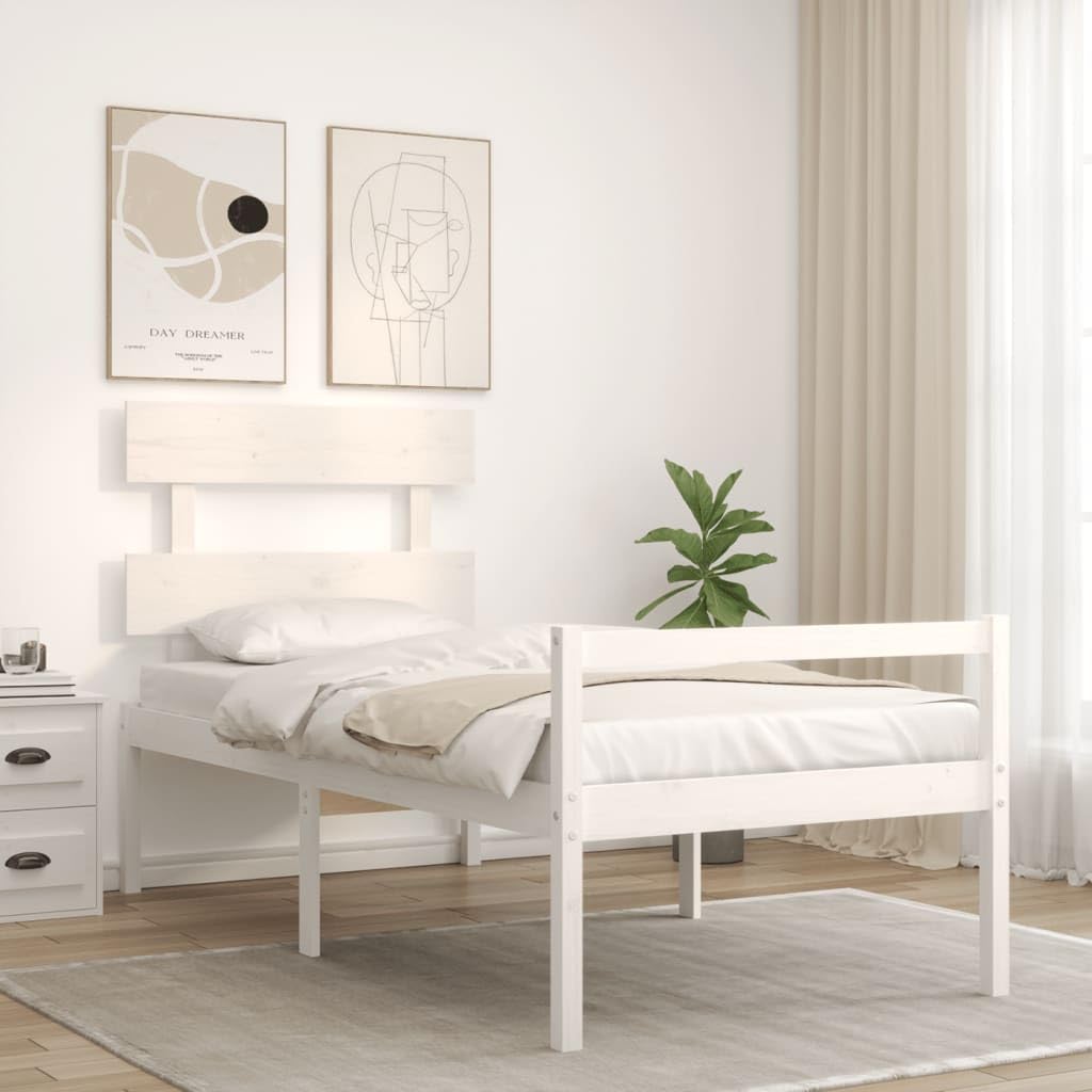 Massivholz Seniorengerecht 45cm Sitzhöhe Bett 90x190cm Weiß | Seniorenbett mit Kopfteil Weiß Massivholz 90x190cm Bettgestell Kiefer mit Lattenrost und Stauraum für Seniorengerechtes