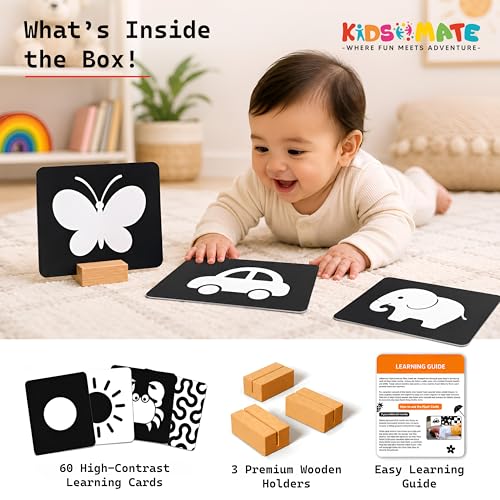 Image of Kidsmate Large Flash Cards for Babies 0-12 Months | High Contrast Black & White 60 Double-Sided Cards for Newborn Learning, Visual Stimulation, Brain Development & Tummy Time (Holder Included)