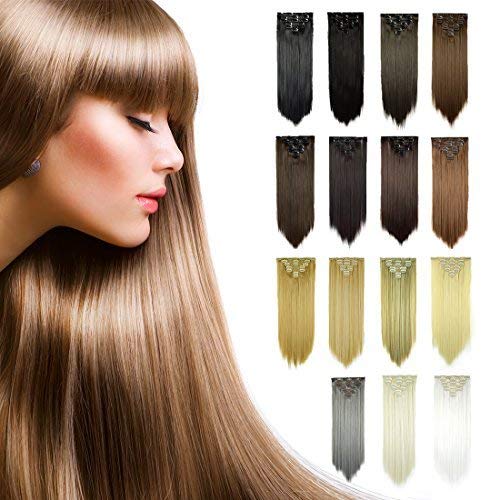 FESHFEN 24 Inch 7 Pcs 16 Clips Straight Hair Extensions Long Synthetic Clip in Hair Extension Full Head Hair Pieces for Women 4.6oz/130g - 33# Dark Auburn Brown