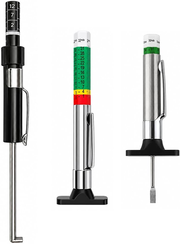 3 PCS Car Tire Tread Depth Gauge Set, Color-Coded 1/32 Inch Auto Tire Depth Gauge & Brake Pad Measuring Tool, Accurate Tyre Tread Checker Brake Pad Thickness Measure Tool