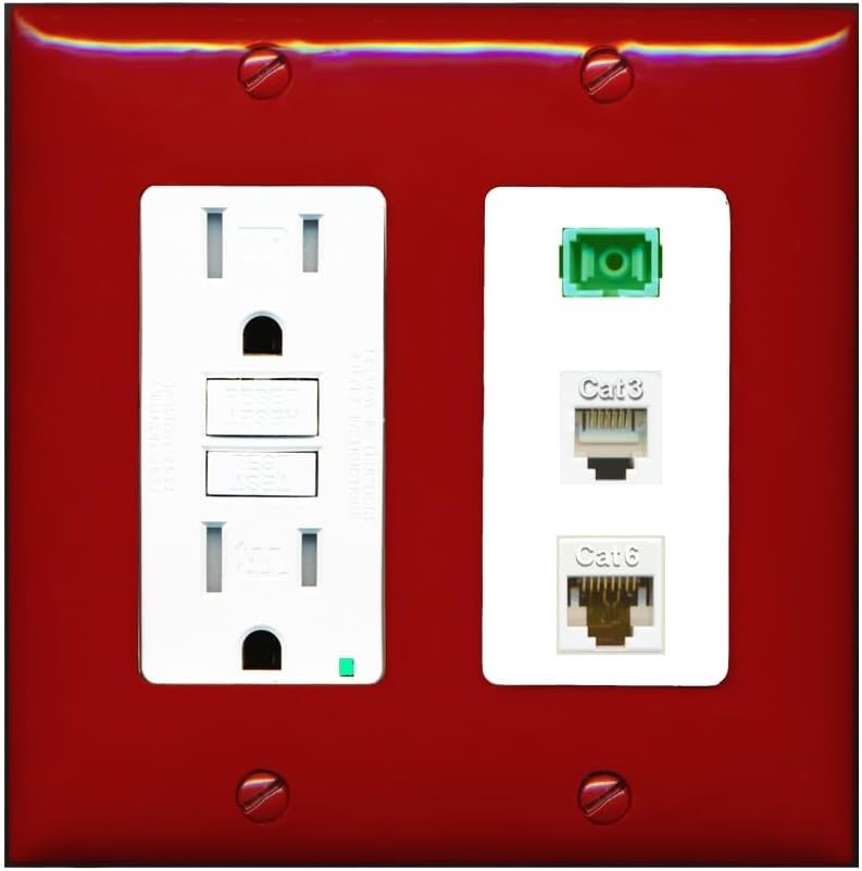 RiteAV 1 Port SC APC Simplex Phone and Cat6 Ethernet Wall Plate - GFCI Outlet [Screwless White]