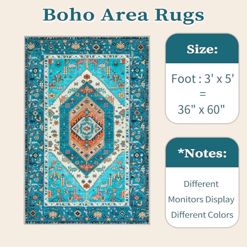 SERISSA Area Rug 3x5 Boho Blue Rugs for Bedroom, Washable Non-Slip Kitchen Rugs, Ultra Soft Print Distressed Tribal Entry Rug Low-Pile Throw Rug Carpet for Bedroom Nursery Living Room Dorm Decor