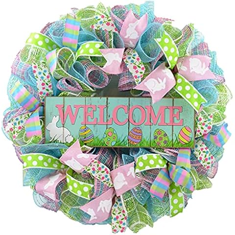 Easter Door Wreath | Easter Bunny Wreath | Spring Welcome Wreath | Pink Turquoise Lime Green White Cover