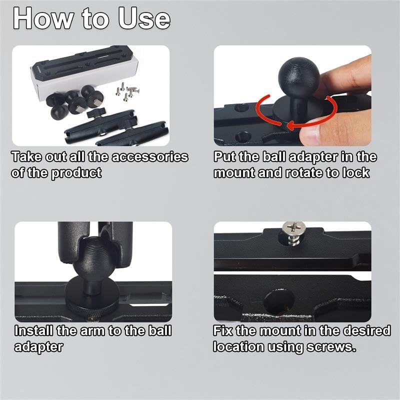 Universal 25mm (1inch) Ball Mount Base with Two Double Socket Arms and Screws Compatible with RAM Mounts B Size 1" Ball Components Fits Industry All Standard 1" Ball Adapters