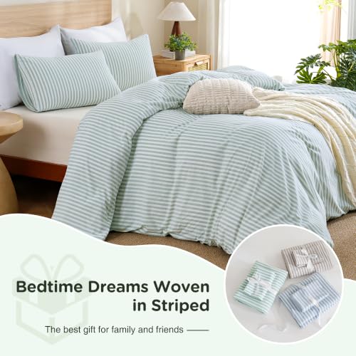 Image of TOCOMOA Sage Green Striped Duvet Cover Set Washed Cotton Like Linen, King | 100% Washed Cotton Linen-Like Feel Soft, Breathable & Comfy. Lightweight Bedding Set with Zipper & 8 Ties. 3 Pcs, No Insert
