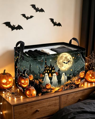 Image of Essme Rectangular Halloween Basket,Kids Storage Bins Organizer with Handles for Ghost Room Decor, Gift Basket,Shelf Basket.(Dream Halloween)