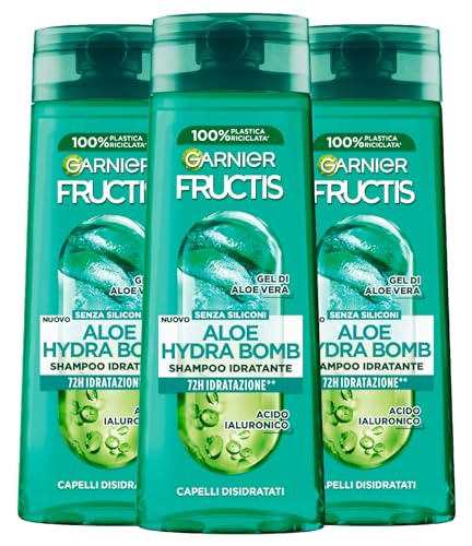 Garnier Fructis Aloe Hydra Bomb Champú hidratante para cabello deshidratado con gel de aloe vera y ácido hialurónico 72H, fórmula vegana hidratante sin siliconas, 3 botellas de 250 ml