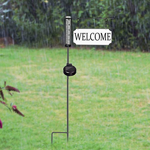 Geevon Rain Gauge Outdoor Decorative with Solar Powered Light,Metal“Welcome”Yard Sign Stakes with Plastic Rain Measure Gauge for Garden Lawn Decorations - Thumbnail 7