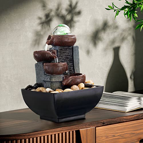 Tabletop Fountain Indoor Office Relaxation Desktop Fountain Includes Many Natural River Rocks Decorated With Colored Lights And Rotating Bubble Ball #TOP6