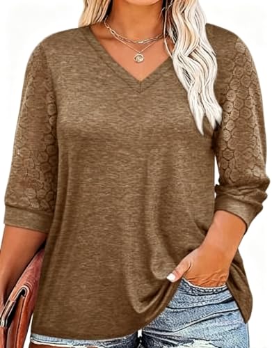 Chulianyouhuo Plus Size Tops for Women 3/4 Lace Sleeve V Neck Tee Shirt