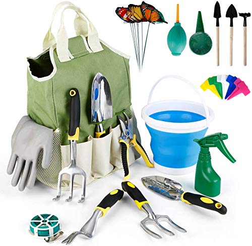 Ensemble d'outils de jardin - 34 pièces - En aluminium robuste - Avec sac de rangement - Ergonomique - Pour creuser, désherber, râteau, pelle, truelle, gants pulvérisateur, cadeaux pour homme et femme Cover