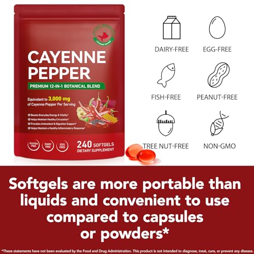 Image of Cayenne Pepper Capsules, Cayenne Pepper Capsaicin Supplements Support Leg Vein, Heart Health and Blood Circulation, with Vitamin E D3 K2 and Extracts of Grape Seed, Beetroot and Turmeric, 240 Softgels