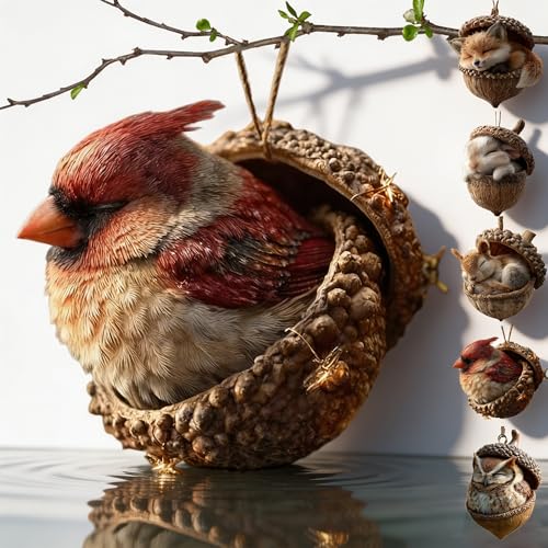 3D Forest Animal Acorn Ornaments, Woodland Christmas Decor with Realistic Animal Figures, Resin Hanging Ornaments for Christmas Tree, Home, Party Decor, Cozy Forest Theme Collection (Cardinal)