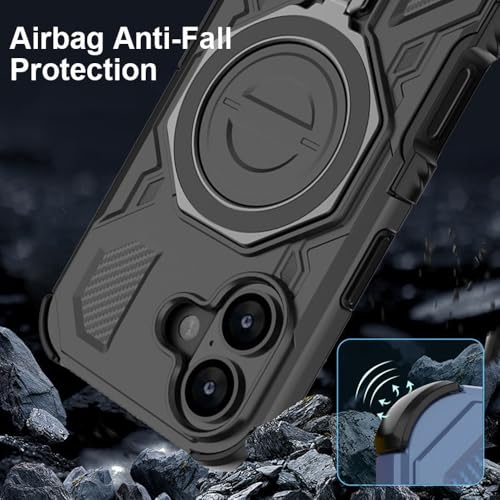 Image of KARWAN Tough Shockproof Armor Back Case Cover Compatible with iPhone 16 with 360 Degree Rotation Magnetic Attraction Ring, Holder Heavy Duty Rugged Cover with MagEaze Wireless Charging (Black)