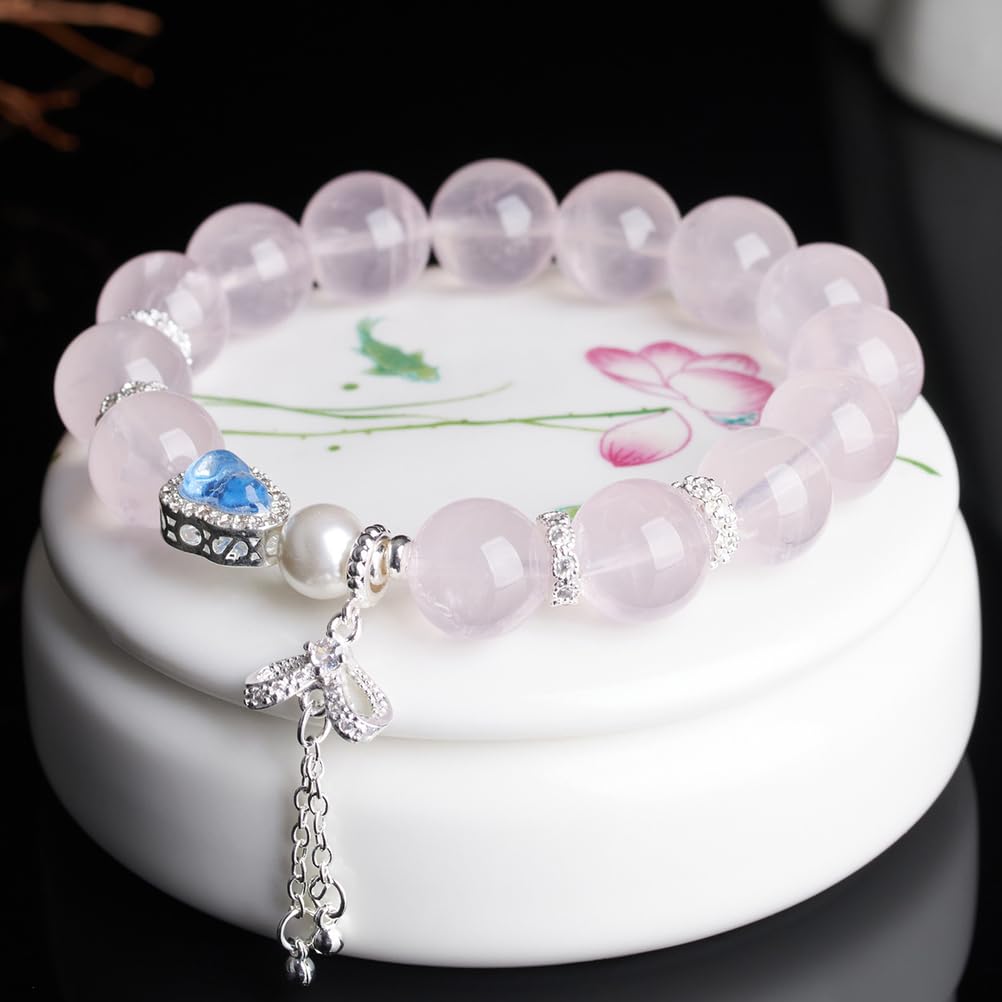Pulsera de Piedra de Cuarzo Rosa Natural, Brazalete elástico con Cuentas de Feng Shui de la Suerte, Regalo de joyería de Aniversario de cumpleaños del día de la Madre para Mujeres