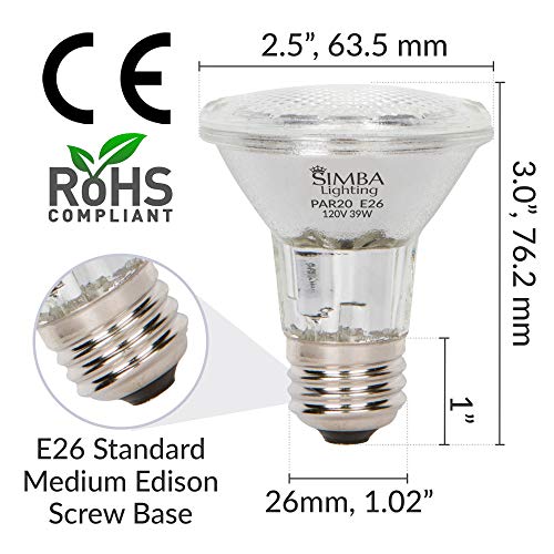 Simba Lighting 39PAR20/FL Halogen PAR20 Light Bulb 39W 30deg Spotlight Dimmable (4-Pack) for Indoor Recessed Can, Range Hood and Outdoor PAR 20, 120V E26 Base, 50W Replacement, 2700K Warm White