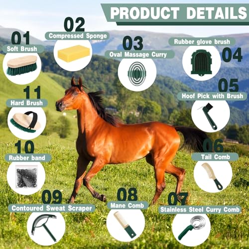 Abbylike 12 Piece Horse Grooming Kit with Organizer Tote Bag Brush Sets for Derby Day Show Horses Professional Tools for Care & Massage(Khaki and Green) - Image 3