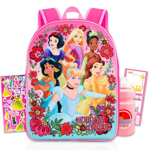 Disney Mochila princesa para meninas – Pacote com mochila de 40,6 cm com Rapunzel, Cinderela, Jasmim, mais garrafa de água, adesivos | Mochila escolar de princesa Disney para meninas