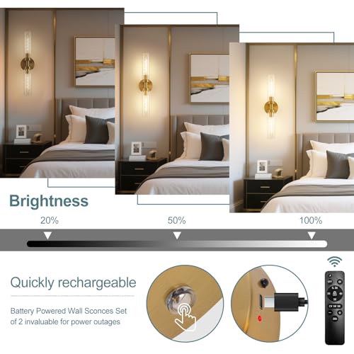 Image of Battery Operated Wall Sconces, Wall Sconce Set of 2, 3000K-6500K Gold Rechargeable Wall Lamp with Remote, Indoor Non-Hardwired Wall Sconce, Modern Vanity Light for Bedroom, Living Room, Aisle