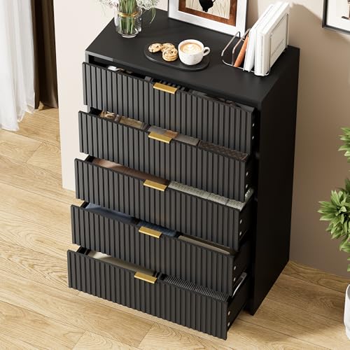 Image of Furniway Black Dresser for Bedroom, Modern Dresser with 5 Drawers and Smooth Slides, Wide Chest of Drawers with Golden Handles for Bedroom, Living Room, Closet, 15.7 inch D x 31.5 inch W x 47.2 inch H