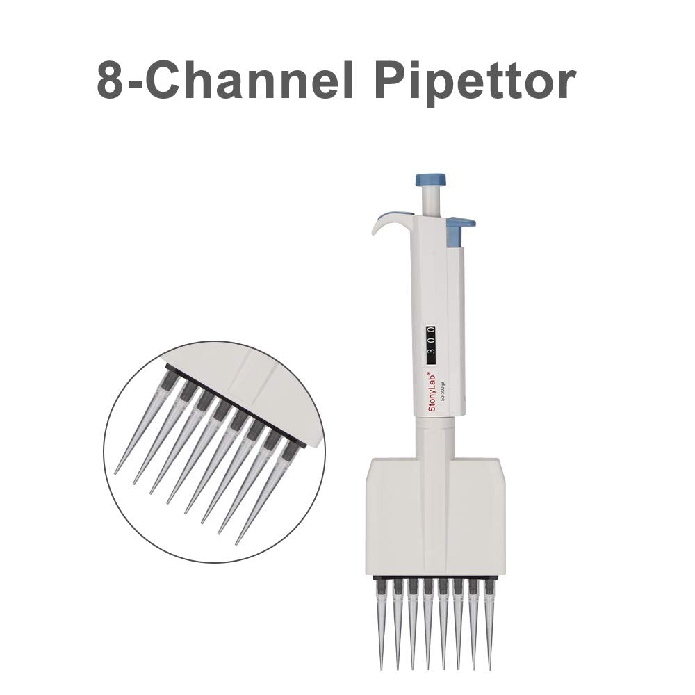 stonylab Controlador de Pipeta de 8 Canales, Pipeta Multicanal de Volumen Variable Ajustable con Cono de Punta Autoclavable, Multichannel Pipette para Investigación de Laboratorio, 50-300µL