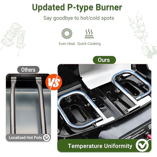 Brand-Man Portable Gas Grill, 2-in-1 Propane Camping Grill & Griddle Porcelain-Enameled with Folding Stand-Up Cart, 18,000 BTU 2-Burner Outdoor BBQ for Family Camping, Tailgating and Patio, Green - Image 6