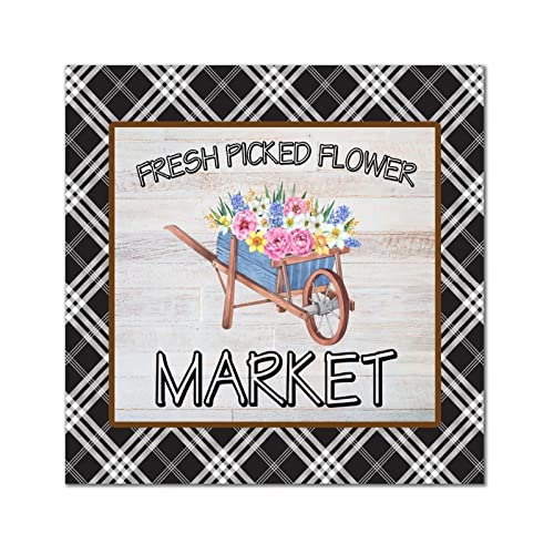 Plaque murale en bois Flower Market rétro décoration de salon fleurie 30x30 cm