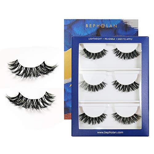 BEPHOLAN 3 Pairs 0.10 Faux Mink Lashes Synthetic Fiber False Eyelashes | Dramatic Flare Look | 3D Layered Effect | 100% Handmade & Cruelty-Free | Reusable | XMZ107