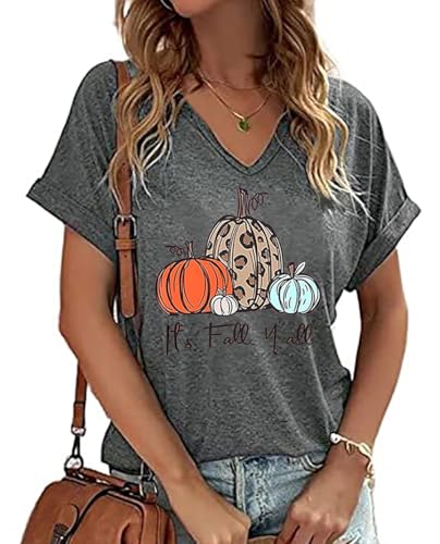 It's Fall Y'all Shirt Women Cute Leopard Pumpkin Graphic Tees Casual Short Sleeve V-Neck T Shirt Fall Halloween Tops (S, Gray)