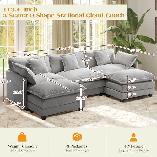 Image of 113.4 inch Modular Sectional Sofa,U Shaped Couch for Living Room,Modern Deep Seat Sofa 3 Seater Chenille Fabric Comfy Cloud Couches with Throw Pillows & Movable Ottoman