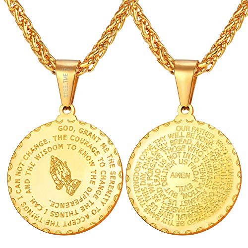 U7 Bible Verse Necklaces for Men Women Stainless Steel/18K Gold Plated Prayer Hands Coin Medal Pendant Necklace Christan Jewlery Gift (22-26Inch) Gold