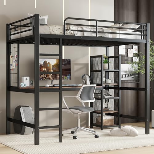 Lit Mezzanine 90x200 cm avec Bureau et Rangement, Lit en Hauteur 1 Place avec Échelle et Barrières, Cadre de Lit en Fer et MDF avec Étagères 5 Niveaux et Grille Métallique, Noir Et Bois Foncé