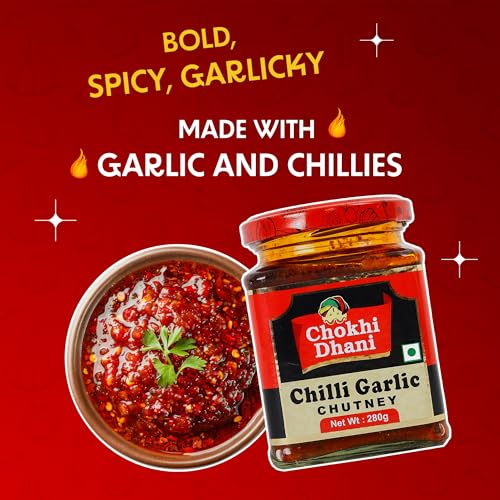 Image of Chokhi Dhani Chilli Garlic Chutney 280g | Lal Mirch & Lahsun Chutney | Made with Fresh Tomatoes, Spicy Red Chilies & Garlic | Tikhi Chatpati Indian Spread, Dip & Condiment