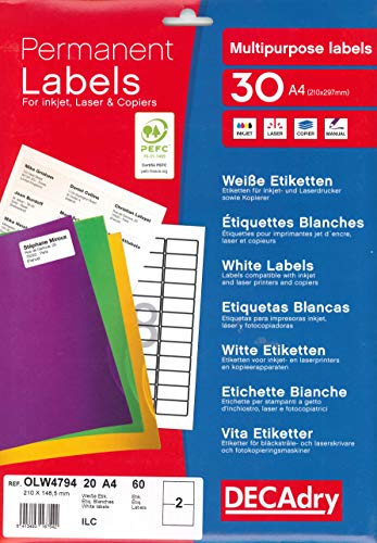 Étiquettes multi-usage Apli DECAdry 210 x 148,5mm en pochette de 60 blancs
