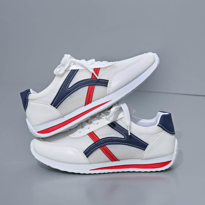 Athletic Sneakers, Mesh and Leather, White/Navy/Red, Casual Running Style3