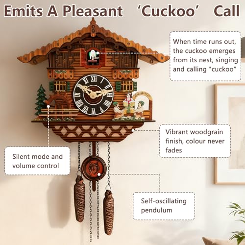 YUZINO Kuckucksuhr Handgefertigte Kuckucksuhr aus Holz mit funktionierenden Vogel Wanduhr mit Lautstärkeregler Traditionelle Antik Quarz Wanduhr Wohnzimmer Küche Cafe Büro Dekoration (RC-02)