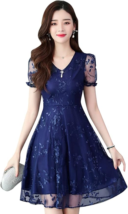 Amazon Co Jp ｘｉｎｙｉｊ パーティードレス 結婚式ワンピース レディース 長袖 ワンピース ウエディングドレス 半袖 花柄ワンピース 膝上 アクセサリー付き Vネック 春 夏 秋 きれいめ おしゃれ セクシー 着痩せ 服 ファッション小物