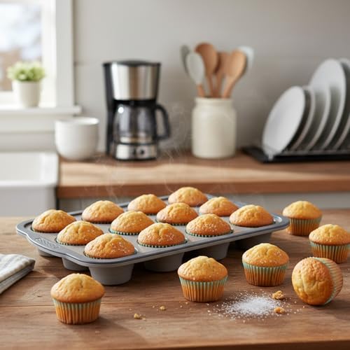 Gubilacrum Silicone Muffin Trays with Metal Frame, 12 Cup Regular Size Silicone Cupcake Tray, Non Stick Baking Mold Tin, Foldable Reusable Baking Utensils for Muffins Cupcakes 31x22.3x3.6cm (Grey) - Image 4