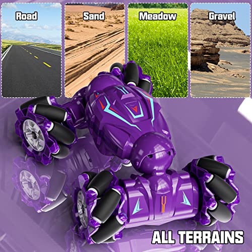Rc Stunt Car, Gesture Sensor Remote Control Stunt Car Toys For Kids Age 6 7 8 9 10 11 12 Years Old, 2.4Ghz 4Wd Rc Double Sided 360° Flips Off Road Vehicle With Lights Music,Gifts For Boys Girls-Purple #TOP5