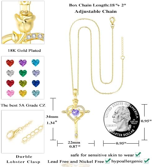 Cross Necklace for Women Gold 14K 18K Gold Plated Dainty Heart Birthstone Rose Necklaces Everyday Jewelry Baptism Faith Anniversary Christmas Birthday Gifts for Wife Mom - Image 3