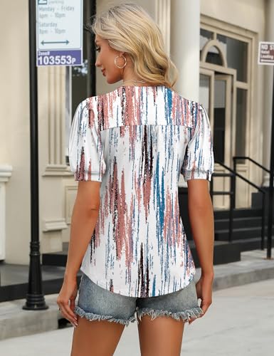 Image of IECCP Womens Tops Puff Short Sleeve Shirts Dressy Casual Henley V-Neck Summer Tops Pleated T-Shirts Loose Fit Tunic Blouses