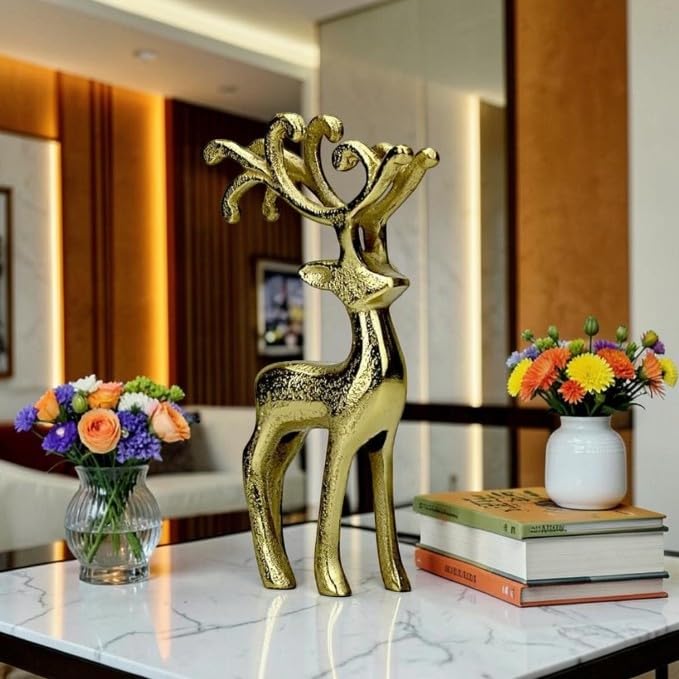 Image of Shiny Gold Metal Reindeer Figurine for Home Decor, Elegant Standing Deer Statue for Living Room, Tabletop Showpiece, Decorative Ornament for Office & Home Interior, Size: 26 cm Height