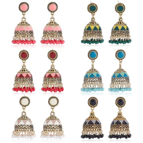 ANATTASOUL 6 Pairs Jhumkas Indian Earrings Vintage Indian Earrings for Women Boho Gold Plated Multicolor Bell Faux Pearl Tassel Dangle Drop Gypsy Bollywood Statement Earring Fashion Jewelry