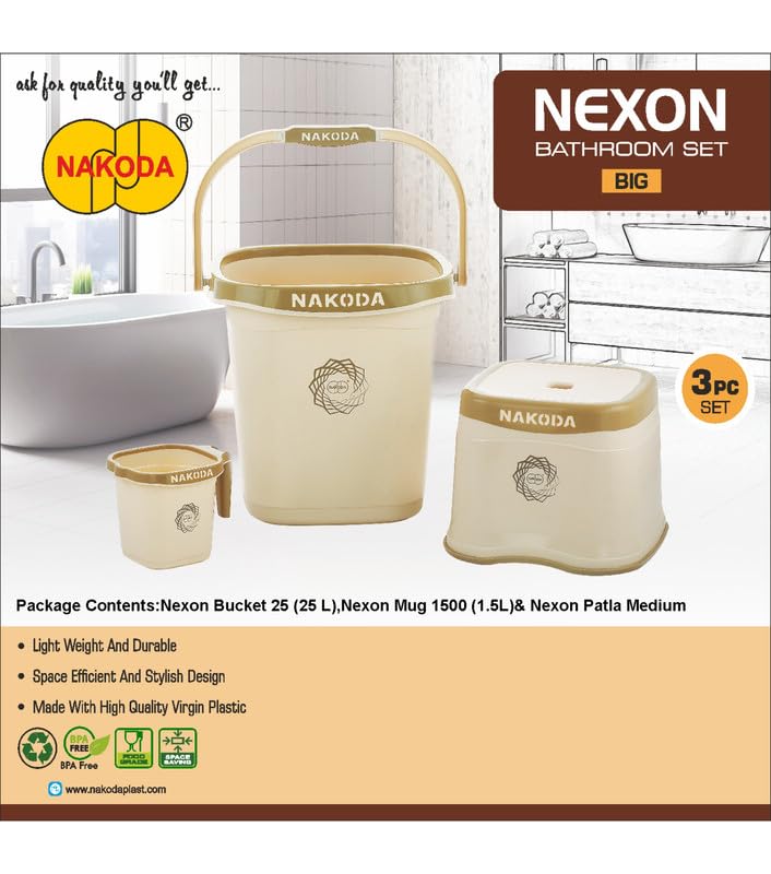 Image of Nakoda NEXON Bathroom Set of 3 Big | 25L Bucket,1.5L Mug,NEXON Medium PATLA | Beige