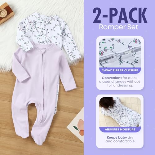 Baby Pajamas for Boys Girls, 2-Pack, Two Way Double Zipper Sleeve Footie Romper Clothes with Floral Design, 3-6 Month Sleeper & 100% Cotton PJs for Newborn 6
